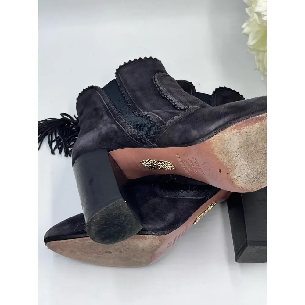 Aquazzura Firenze Black Gray Suede Tristan Fringe Ankle Bootie‎ Tassel 37.5,Sz 7